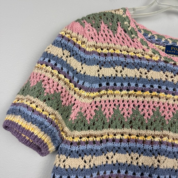 Polo Ralph Lauren Pointelle Striped Puff Sleeve Crochet Spring Sweater - Picture 6 of 8